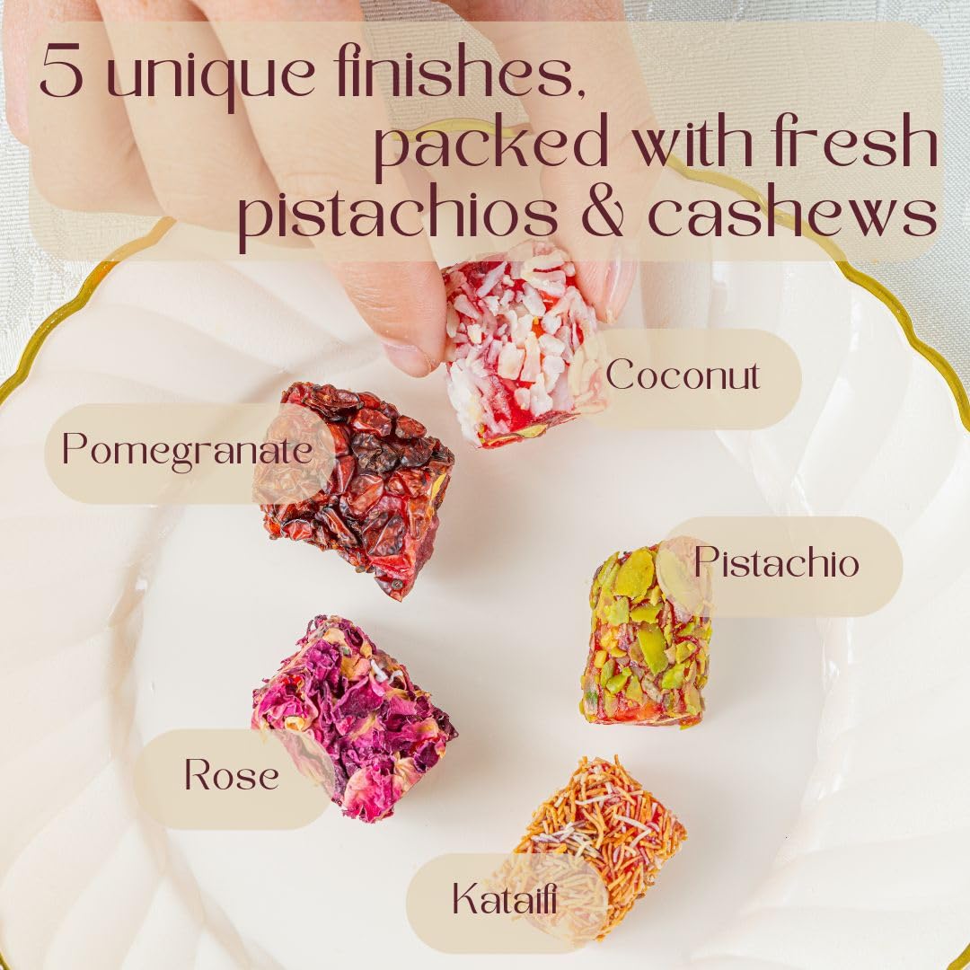 Zaitoune Turkish Delight Mix - 9 oz | Luxury Coatings of Pomegranate, Pistachio, Coconut, Kataifi & Rose | Authentic Lokum Sweet Assortment in a