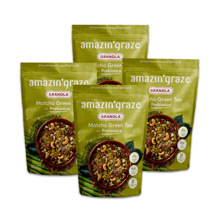 Matcha Green Tea Granola with Prebiotics | Natural, Hand-Baked, Reduced Sugar, Rich in Iron | for Breakfast Cereal, Trailmix, Yogurt, Snack Food |