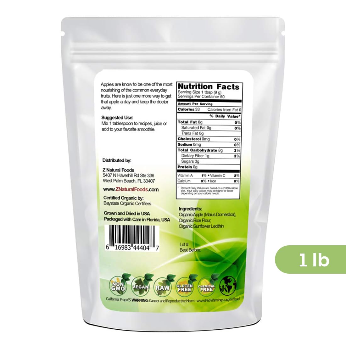 Z Natural Foods Organic Apple Powder, Superfood Powder for Digestive Support and Energy Boost, Ideal for Juice, Smoothies, and Recipes, Non-GMO