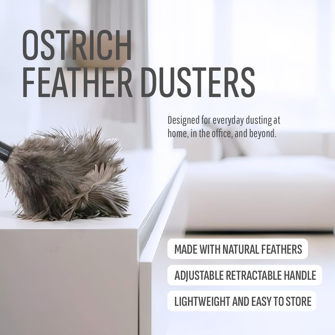 Retractable Feather Duster 8-14 in Adjustable - Natural Ostrich Feather Duster for Cleaning Ceiling Fans, Blinds, Plantation Shutters, Walls