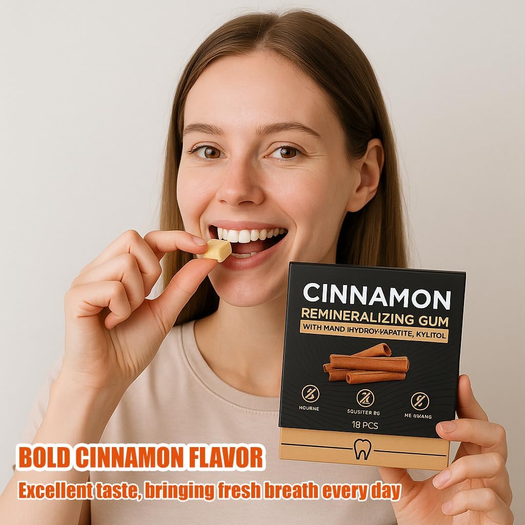 Cinnamon Remineralizing Gum with Nano Hydroxyapatite, Sugar-Free Xylitol and Tree Sap Blend for Daily Oral Freshness, Chewing Gum for Advanced Enamel