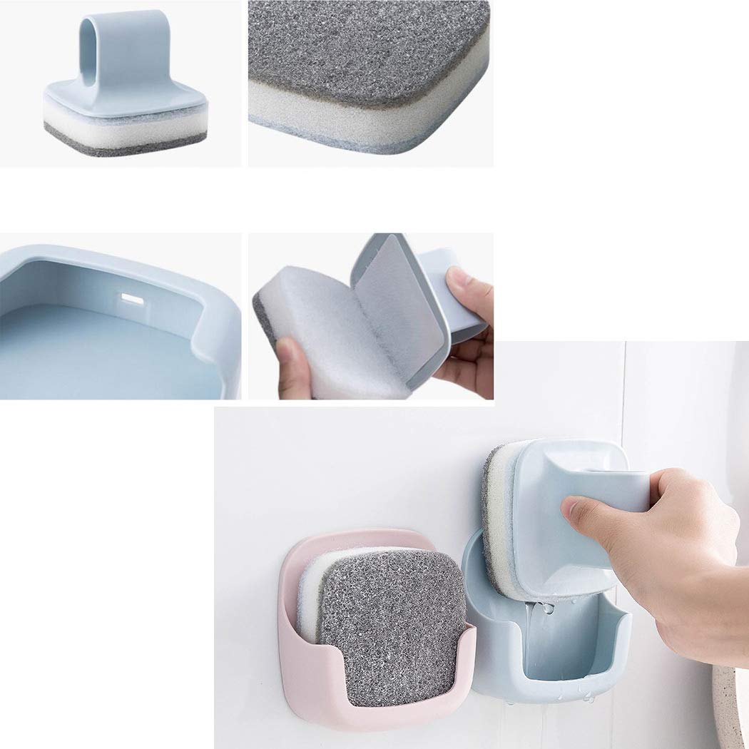 Sipliv Dishwashing Pot Brush with Grip Wall-Mounted Reusable Scrubber Scrub Sponge with 3 Refill Replacement Brush for Housework & Kitchen Clean
