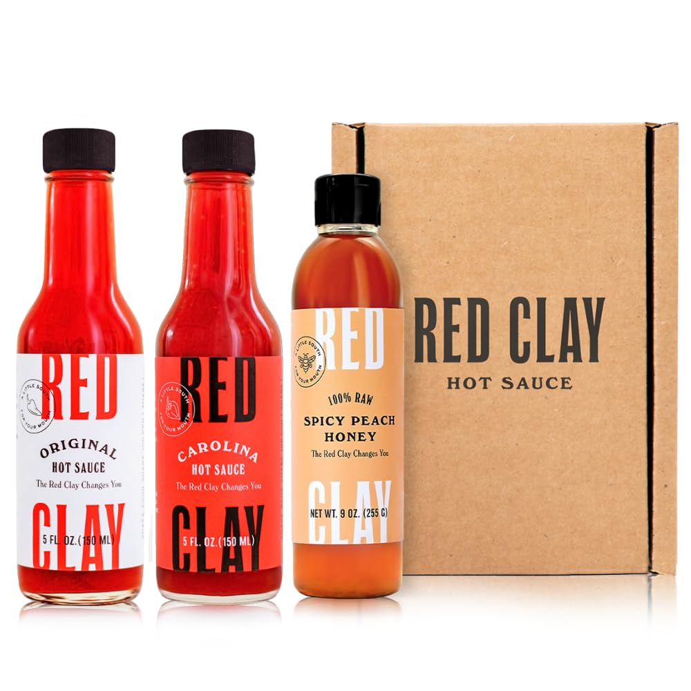 Red Clay All-Star Variety Pack - Spicy Peach Hot Honey, Original Hot Sauce & Carolina Hot Sauce - Gluten Free - Chef-Crafted - Ships in Red Clay Gift