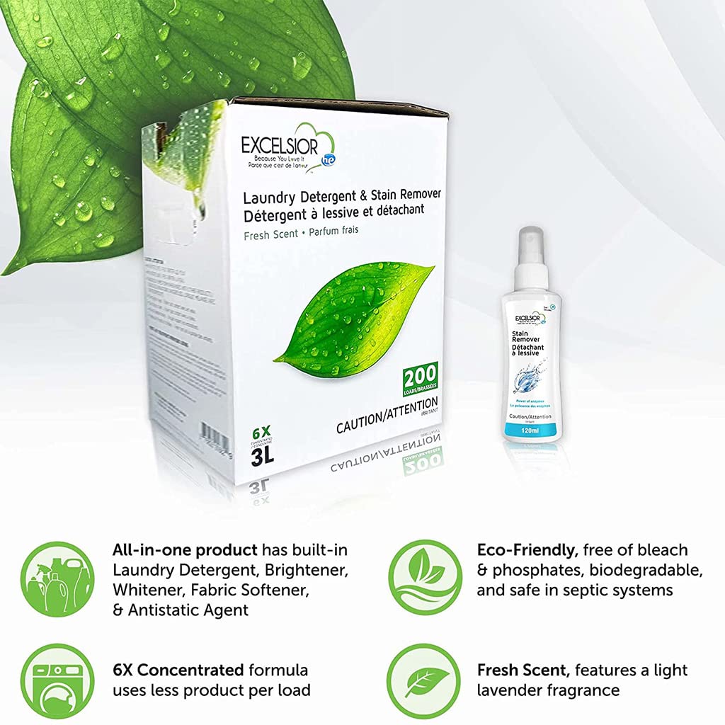 Excelsior HE Laundry Detergent Liquid Fresh Scent Concentrated 200 Loads 3 Liter With Natural Stain Remover, High Efficiency Washing Detergent Laundry
