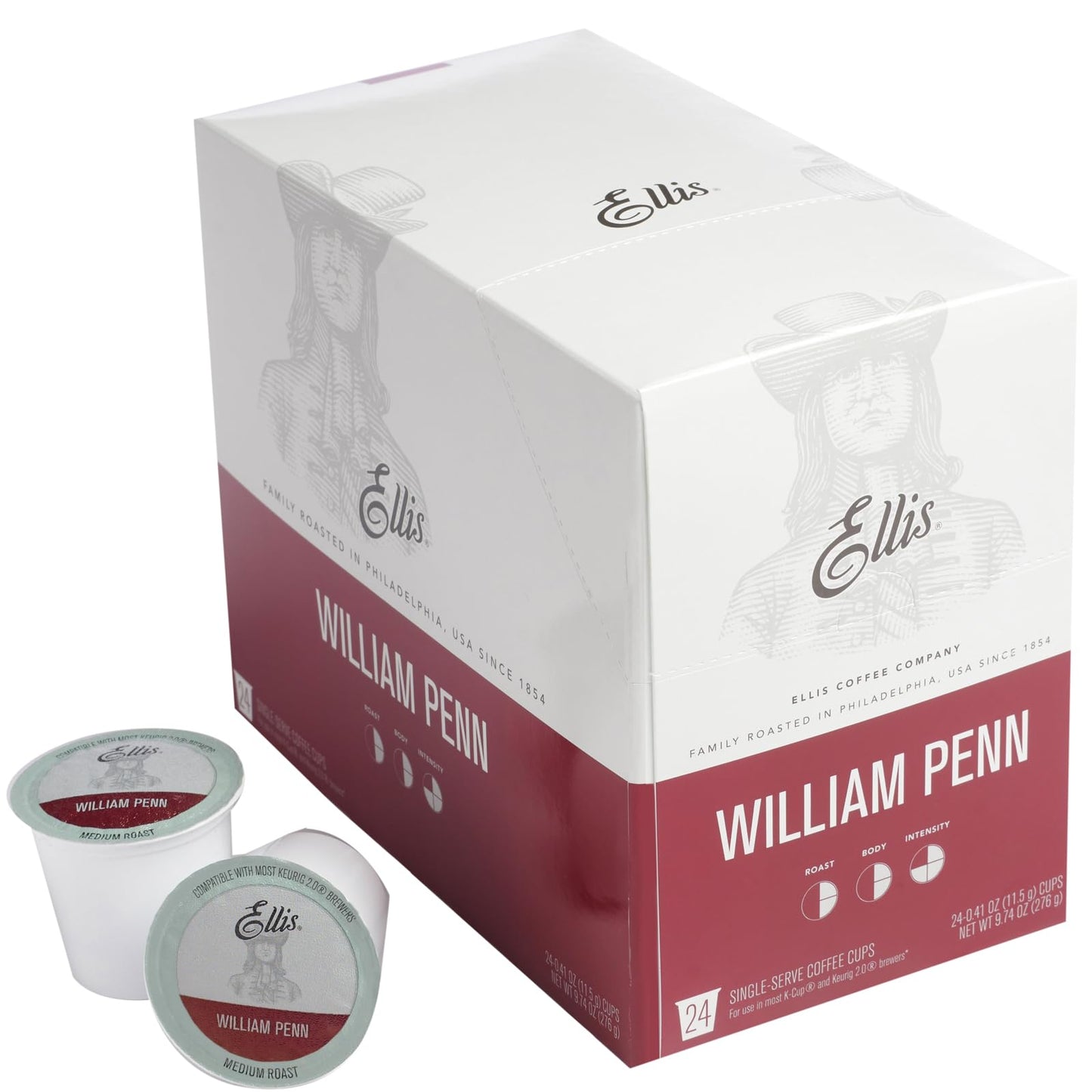Ellis Coffee - William Penn - Medium Roast - Single Serve Coffee Pods - For Use in Most K-cups and Keurig 2.0 Brewers - 24 Coffee Pods
