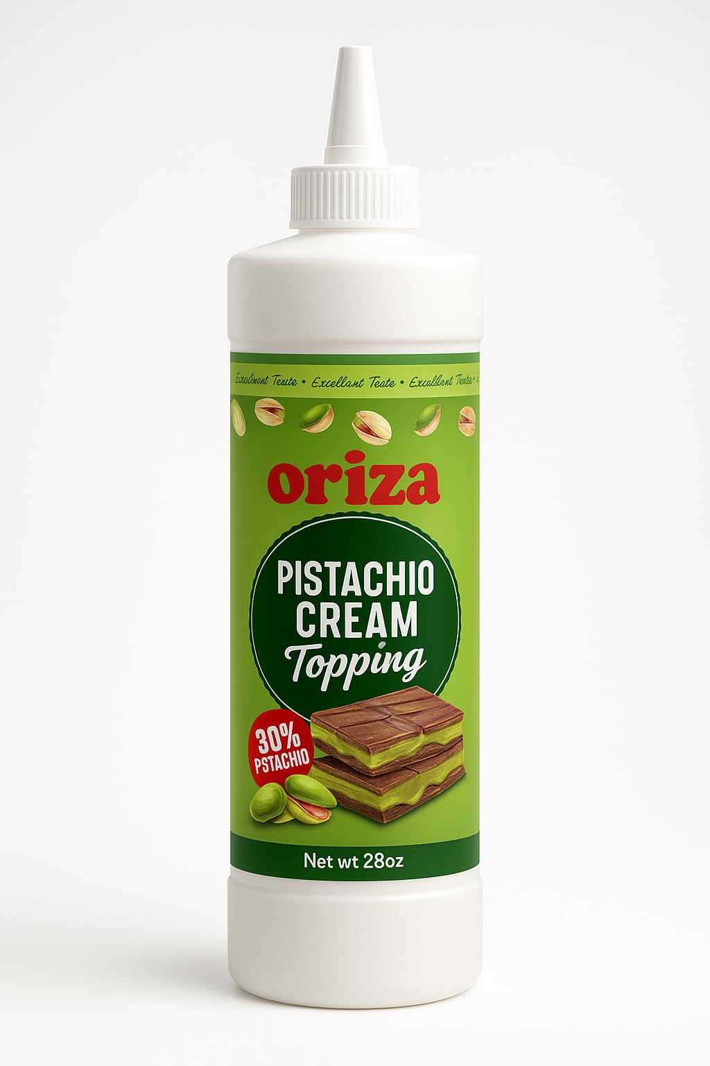 Oriza Pistachio Cream Topping, 28oz/800g Bottle - Premium Pistachio Spread with 30% Pistachios, Palm Oil Free, Non-GMO, Natural Color - Dessert, Latte