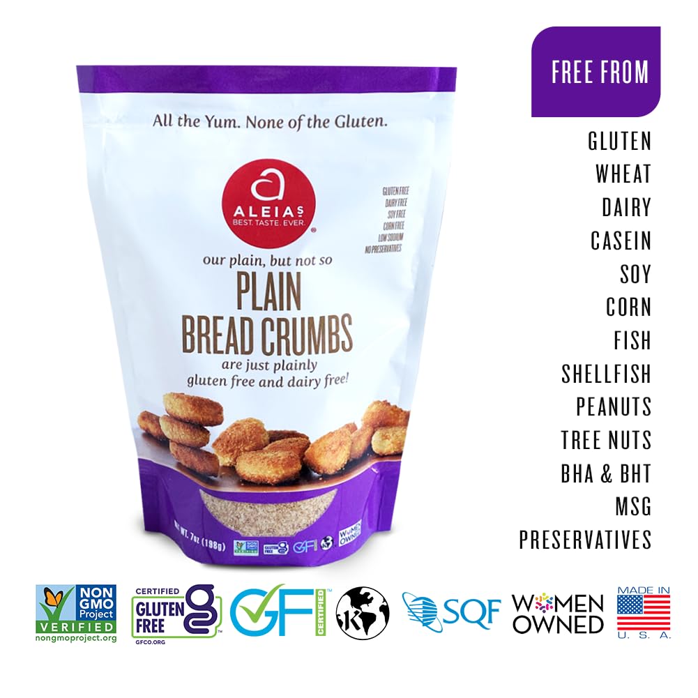 Aleia’s Gluten Free Plain Bread Crumbs - 7 oz (1 Pack) - Classic Gluten Free Breading - Dairy Free, Kosher, Low Sodium, Non-GMO