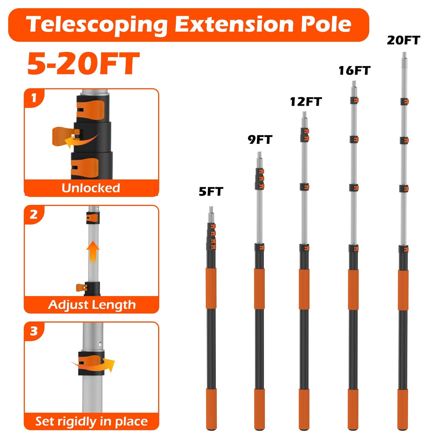 25FT Reach High Ceiling Duster Kits with 5-20FT Adjustable Pole - Includes Extra Long Duster, High Ceiling Duster, Rotatable Window Squeegee & Cobweb