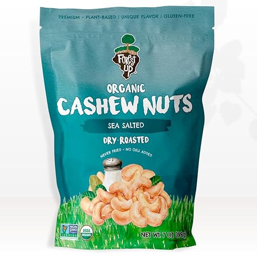 Sea Salted Roasted Organic Cashews 7oz - Healthy Snack, Gluten Free, Non-GMO, Vegan, Plant-Based Protein - Forest Up