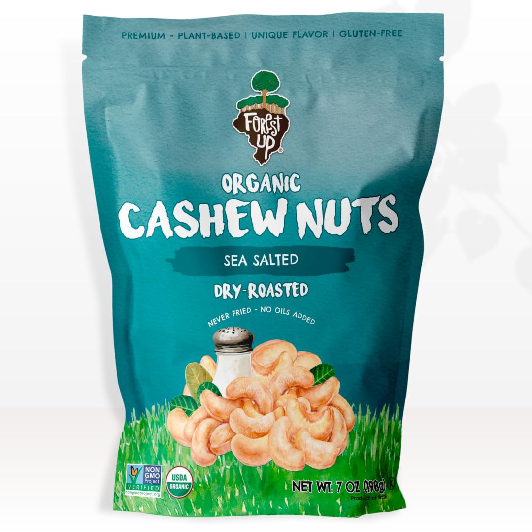 Sea Salted Roasted Organic Cashews 7oz - Healthy Snack, Gluten Free, Non-GMO, Vegan, Plant-Based Protein - Forest Up