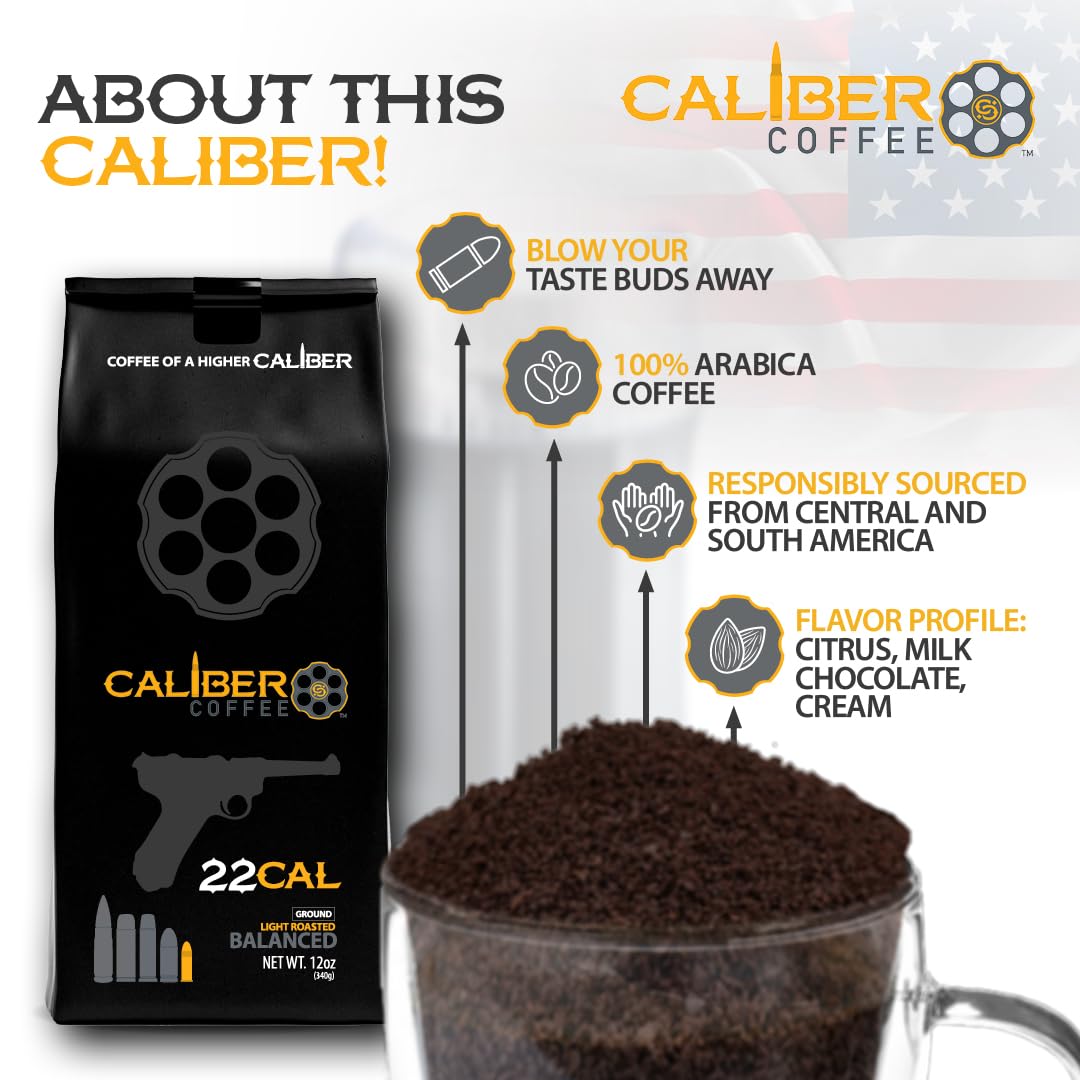 Caliber Coffee .22 Cal Whole Bean Light Roast - Balanced, Fruity, Caramel Flavors - 100% Artisan Roasted Arabica Coffee - Small-Batch, Hand-Crafted