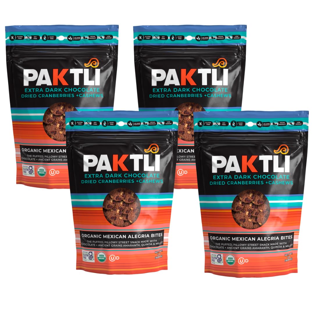 Paktli Organic Alegría Bites 4-Pack - Extra Dark Chocolate with Cranberries & Cashews, Four 2oz Bags, Organic Ancient Grain Snack, Non-GMO