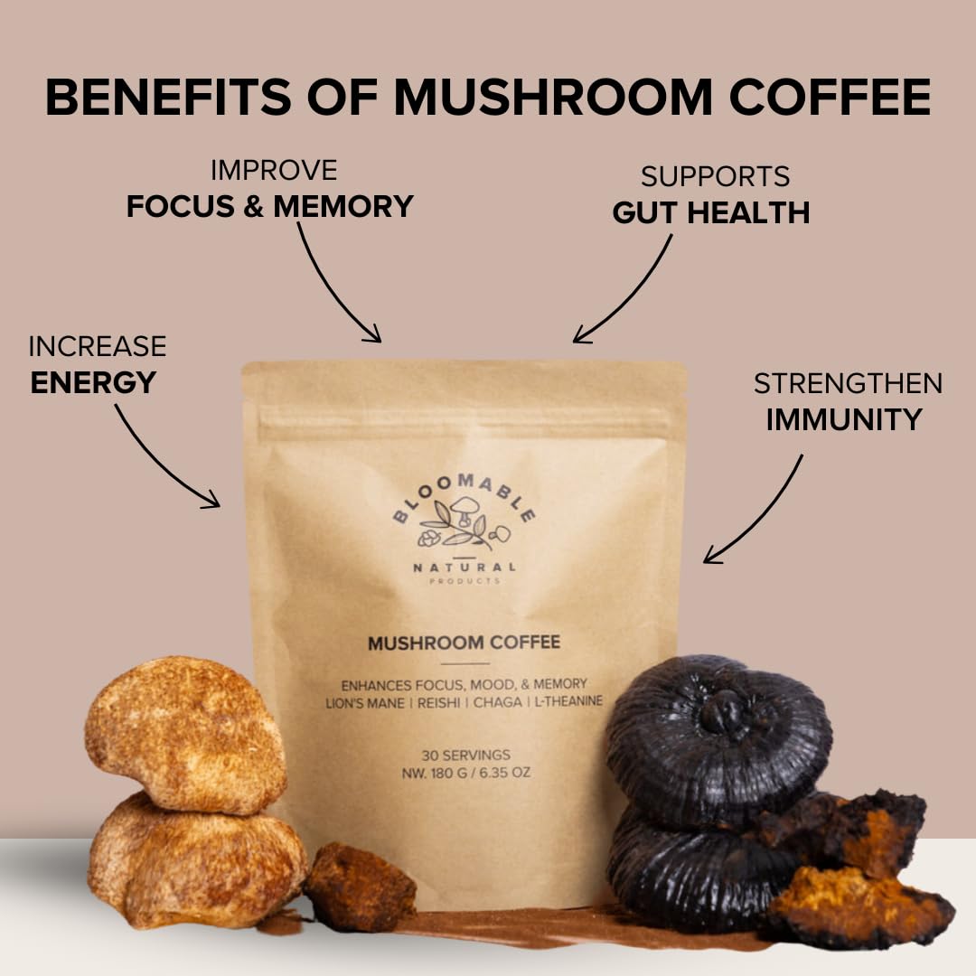 Mushroom Coffee by Bloomable Premium Instant Coffee with Lion's Mane, Reishi, Chaga Mushroom Extracts | Improve Focus, Memory, & Immunity | 30