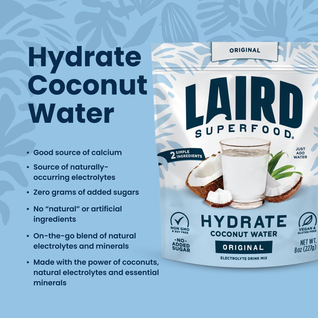 Laird Superfood HYDRATE Coconut Water Powder Drink Supplement with Coconut Water and Auqamin, All Natural, No Added Sugars, Gluten-Free, Non-GMO