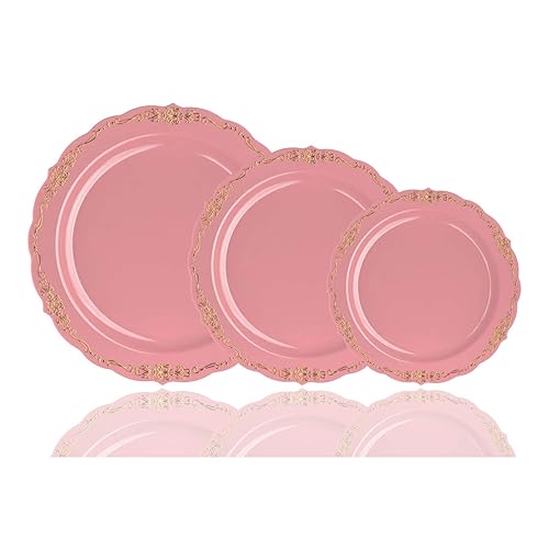 Exquisite 60 Pcs Disposable Plastic Plates | Victorian Design Premium Disposable Plates | 9 inch. Pink & Gold China Like Plastic Plates For Parties