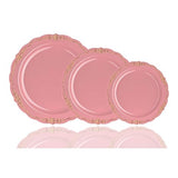 Exquisite 60 Pcs Disposable Plastic Plates | Victorian Design Premium Disposable Plates | 9 inch. Pink & Gold China Like Plastic Plates For Parties