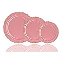 Exquisite 60 Pcs Disposable Plastic Plates | Victorian Design Premium Disposable Plates | 9 inch. Pink & Gold China Like Plastic Plates For Parties