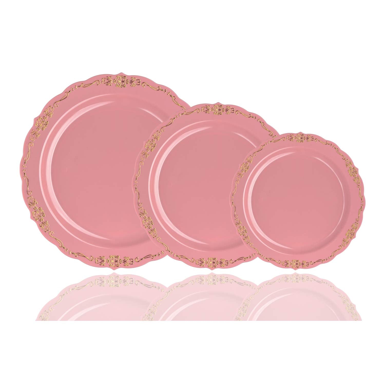 Exquisite 60 Pcs Disposable Plastic Plates | Victorian Design Premium Disposable Plates | 9 inch. Pink & Gold China Like Plastic Plates For Parties