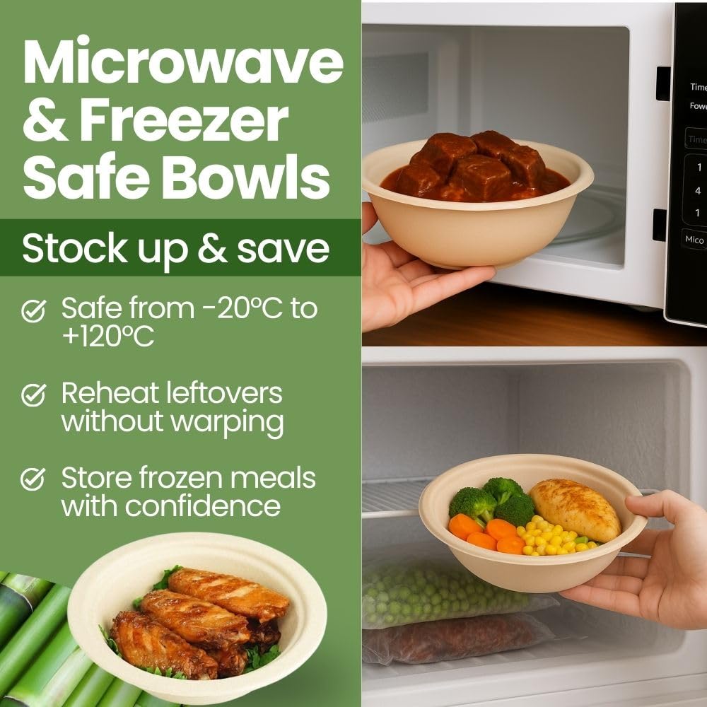 Dtocs Bamboo Fiber Disposable Bowls - 20 Oz, 50 Pk | Bamboo Round Bowl | Microwavable Bagasse Bowl like Soup, Cake, Salsa, Salad bowls | Disposable