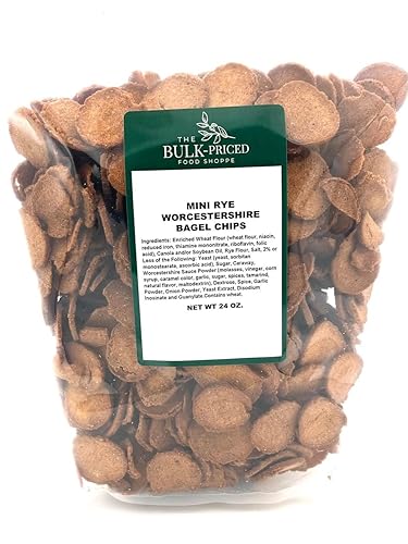 Mini Rye Worcestershire Bagel Chips, Bulk Size, (1.5 lb. Resealable Zip Lock Stand Up Bag)