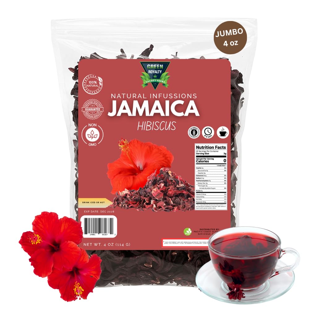 Green Royalty Jamaica (Hibiscus) 4 oz - 100% Natural Dried Hibiscus Flowers - Non-GMO, Gluten-Free, Caffeine-Free Herbal Infusion - Perfect for Hot or