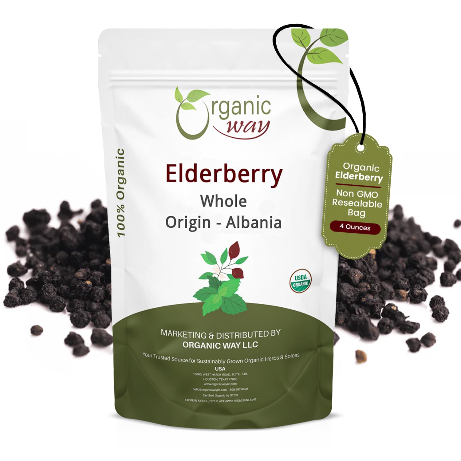 Organic Way Dried Elderberry Whole - Herbal Tea | European Wild-Harvest | Kosher & USDA Certified | Non-GMO & Gluten Free | Tested for Purity | 100%