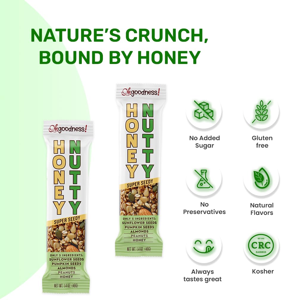 Oh Goodness! Honey Nutty-Nut Bars 16 Pack. All Natural, No Preservatives, No Artificial Flavors, Non GMO, Kosher, Honey Sweetened