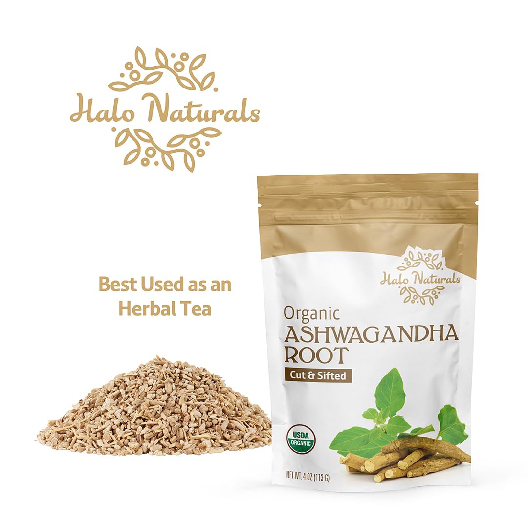 Halo Naturals Organic Ashwagandha Root Cut & Sifted, 4 Ounces (Withania somnifera) USDA Certified | Resealable Pouch| Packaged in The USA