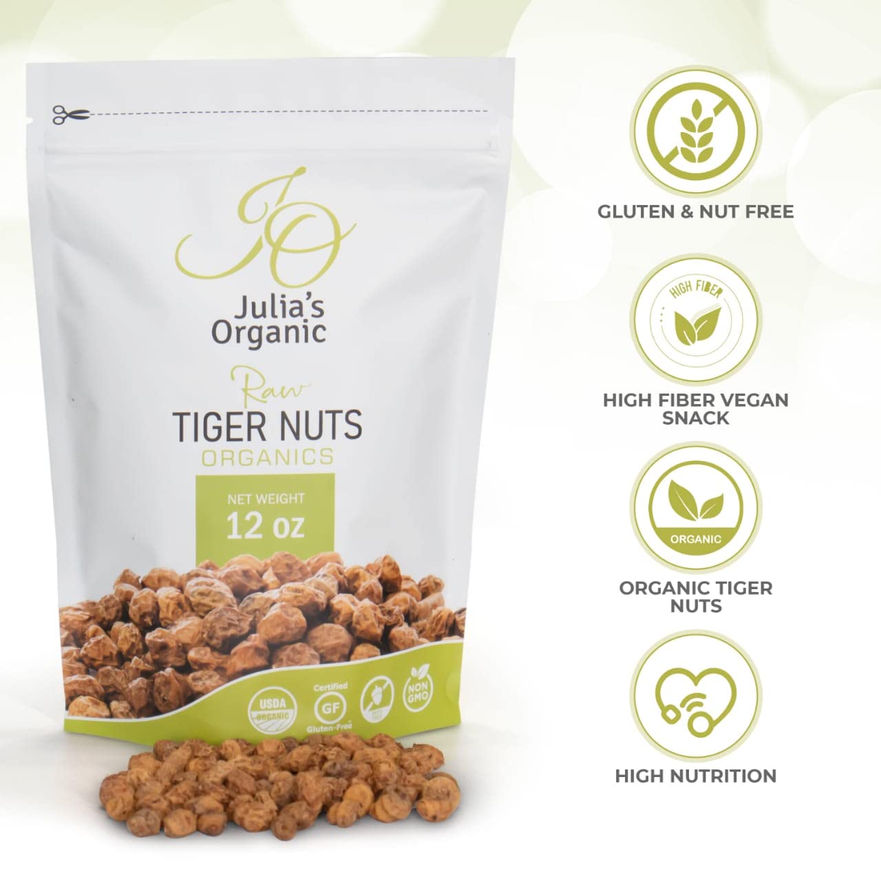 Julia's Organic Tiger Nuts Snacks, Raw Tigernuts, Low Calorie, Paleo Perfect, Gluten Free Snack, Non-GMO, Prebiotic Rich Fiber, Great Taste - 17oz