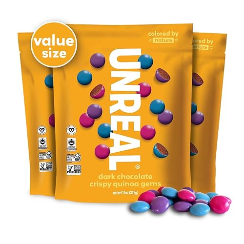 UNREAL Dark Chocolate Quinoa Gems (3 Value Size Bags) | Vegan, Colors from Nature | Fair Trade, Non-GMO | Gluten Free, No Sugar Alcohols or Soy | 11oz