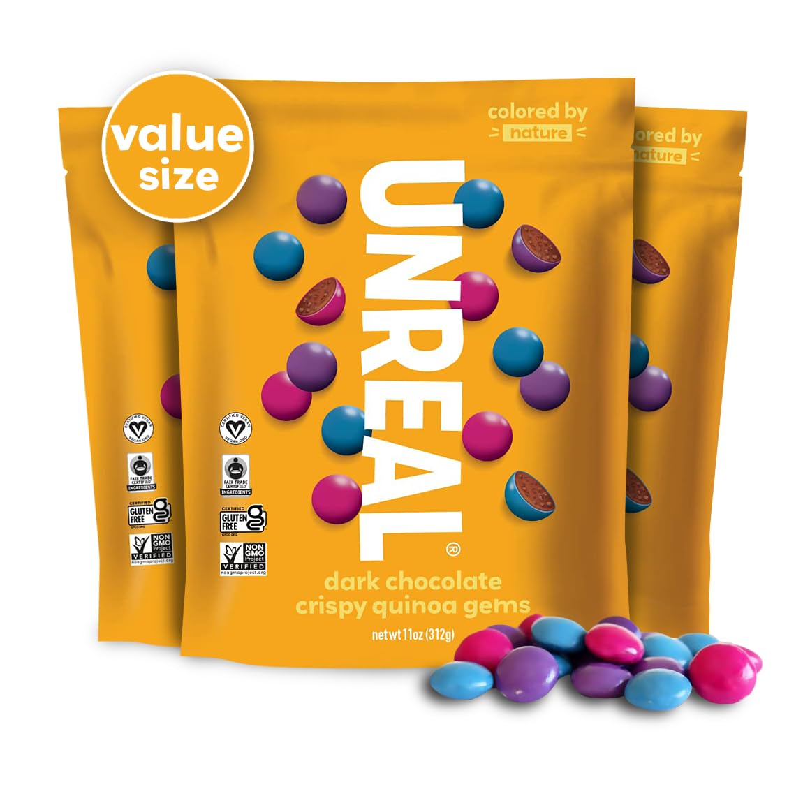 UNREAL Dark Chocolate Quinoa Gems (3 Value Size Bags) | Vegan, Colors from Nature | Fair Trade, Non-GMO | Gluten Free, No Sugar Alcohols or Soy | 11oz