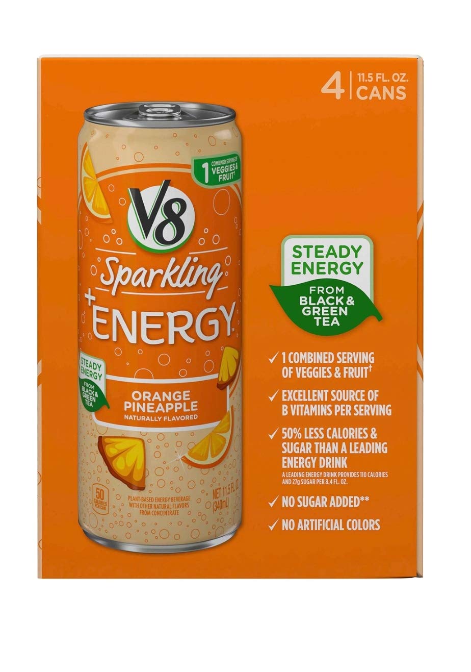 V8 +Energy Sparkling Healthy Energy Drink, Natural Energy from Tea, Orange Pineapple, 8.4 Oz Can, 4 Count