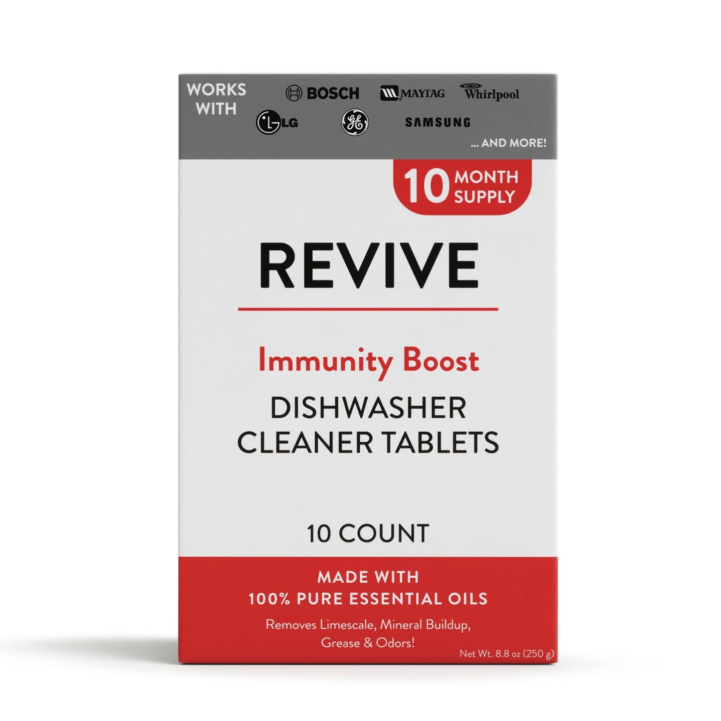 Immunity Boost Washing Dishwasher Cleaner Tablets 10ct by Revive Essential Oils - 10 Month Supply, Synthetic Fragrance Free, Removes Limescale, Grease