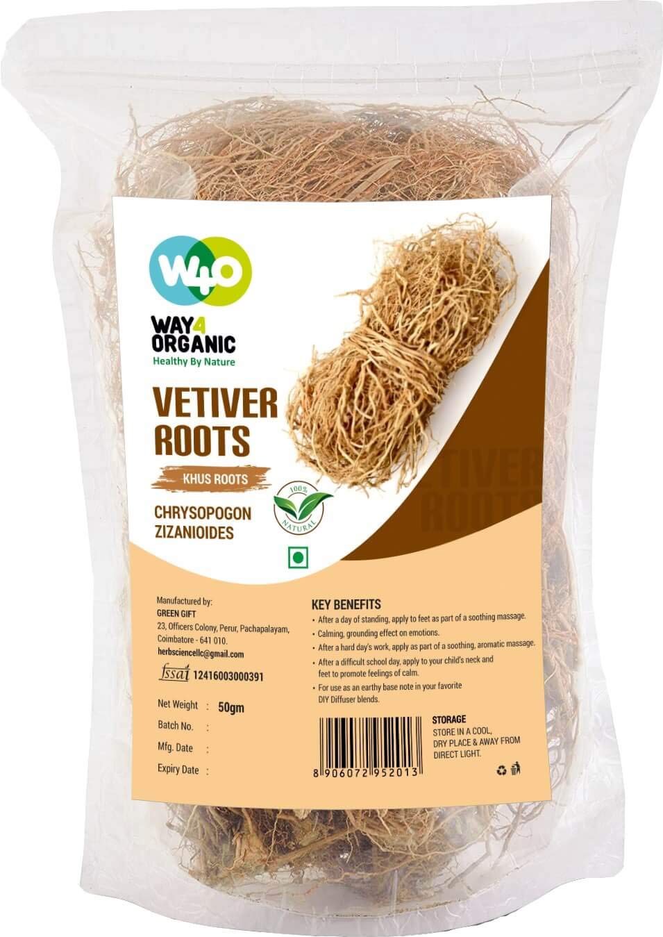 Vetiver Root/Dried Khus-Khus/Vetiveria Zizanioides (50 Grams), Young Roots Not Aged Matured Roots, Natural Herbal Coolant - Way4Organic (1 Pack)
