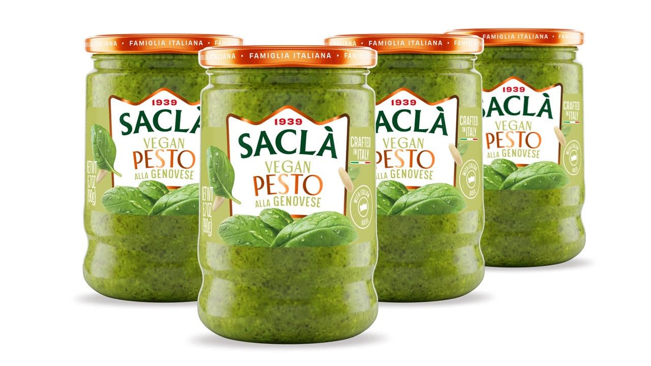 SACLA Vegan Basil Pesto alla Genovese 4-Pack | Dairy-Free Pesto Sauce made from Fresh Italian Basil & Cashews | FOUR 6.7 oz Glass Jars | Non-GMO