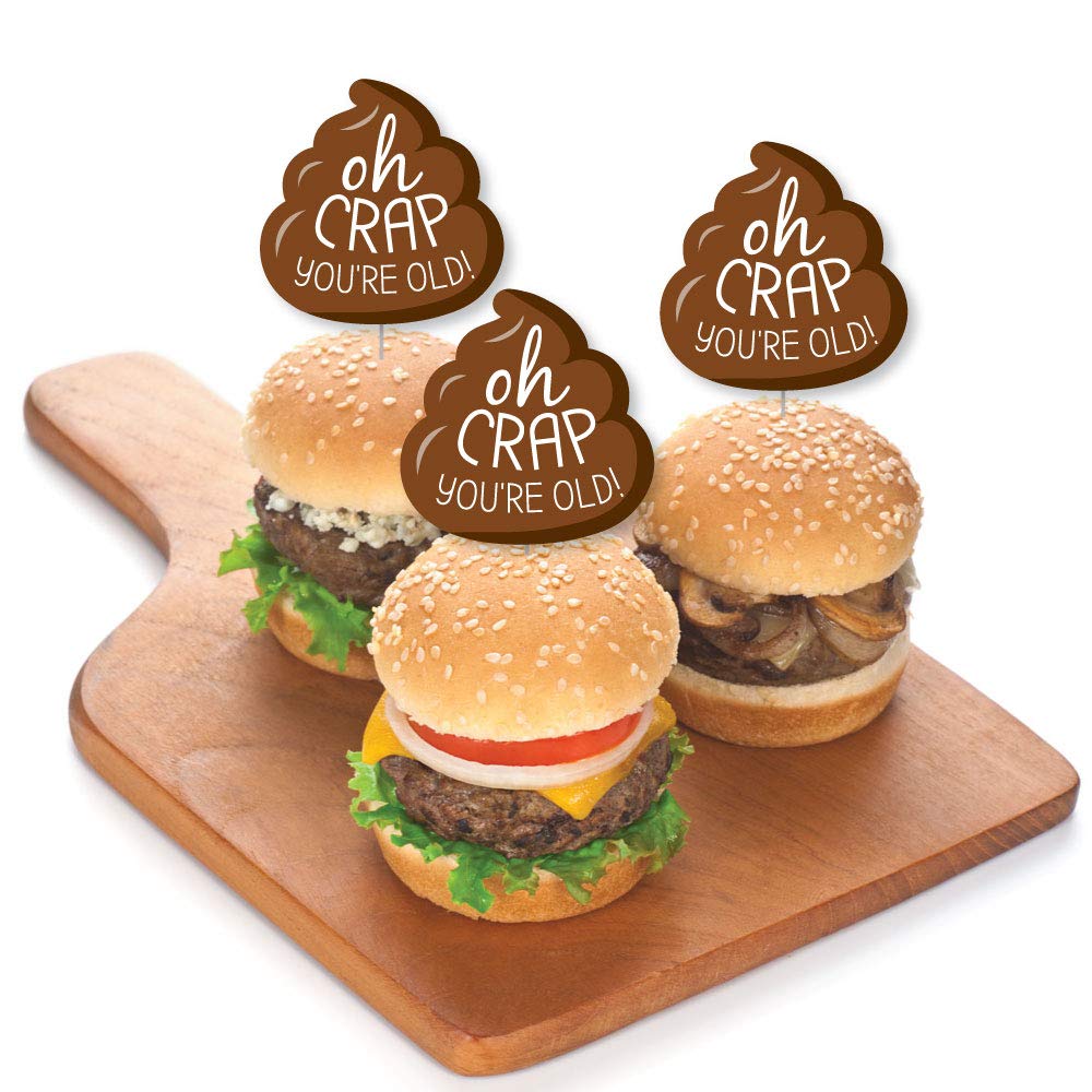 Big Dot of Happiness Oh Crap, You're Old - Dessert Cupcake Toppers - Poop Birthday Party Clear Treat Picks - Set of 24