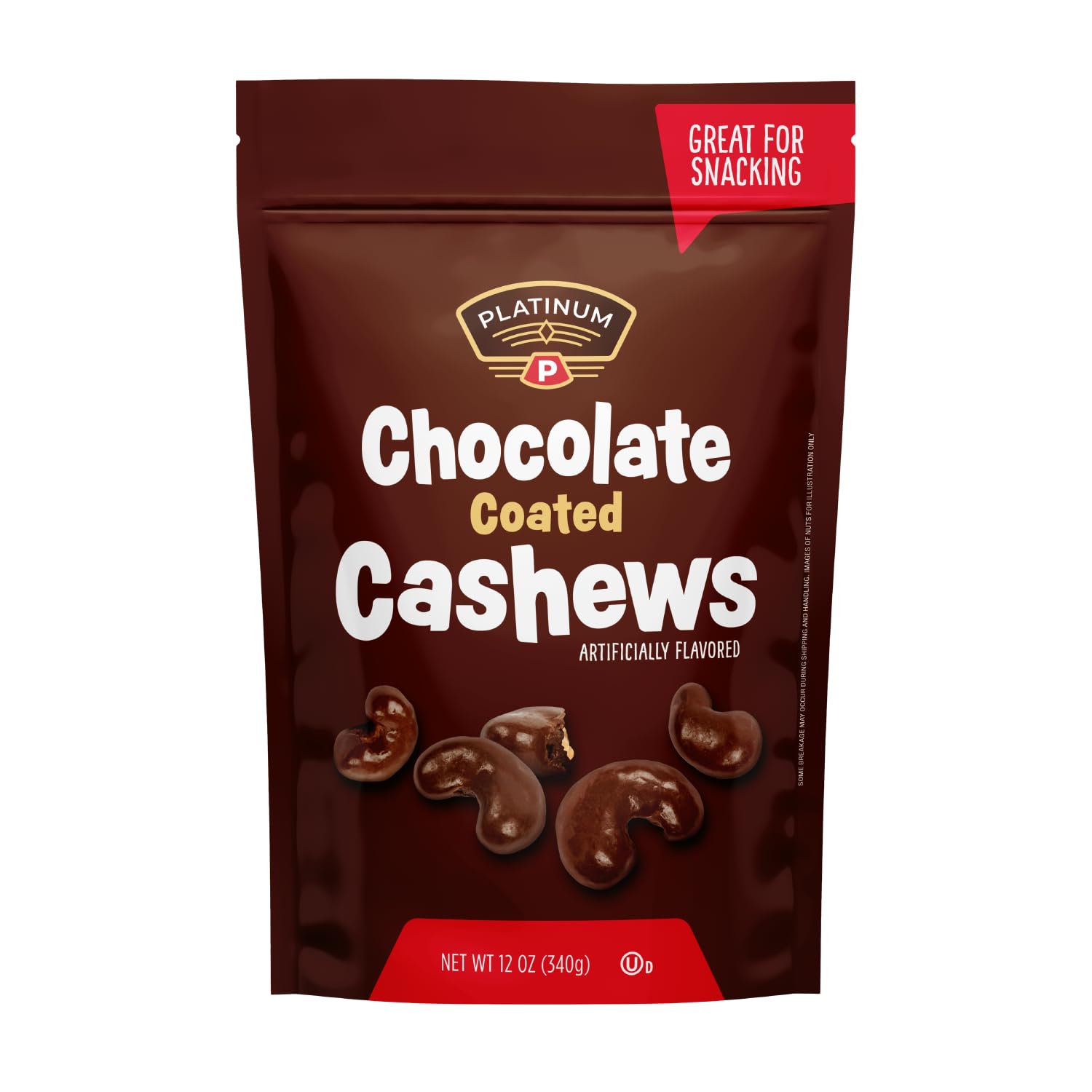 Platinum - Chocolate Coated Cashews 12 oz Resealable Pouch | Chocolate Candy Covered Flavored Cashew, Roasted Nuts | Individual Snack Packs for On