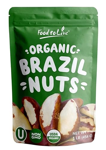 Food to Live Organic Dry Roasted Brazil Nuts with Himalayan Salt, 1 Pound Non-GMO, Oven Roasted, Lightly Salted, No Oil Added, Whole. Vegan, Kosher
