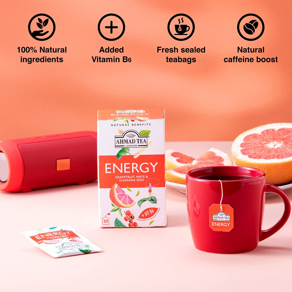 Ahmad Tea Herbal Tea, Grapefruit, Mate, Guarana Seed, & Vitamin B6 'Energy' Natural Benefits Teabags, 20 ct (Pack of 1) - Caffeinated & Sugar-Free