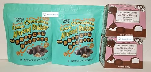 Trader Joes Dark Chocolate Almond Butter Filled Pretzel Nuggets & Dark Chocolate Covered Marshmallows (Four Items), 8 Ounces