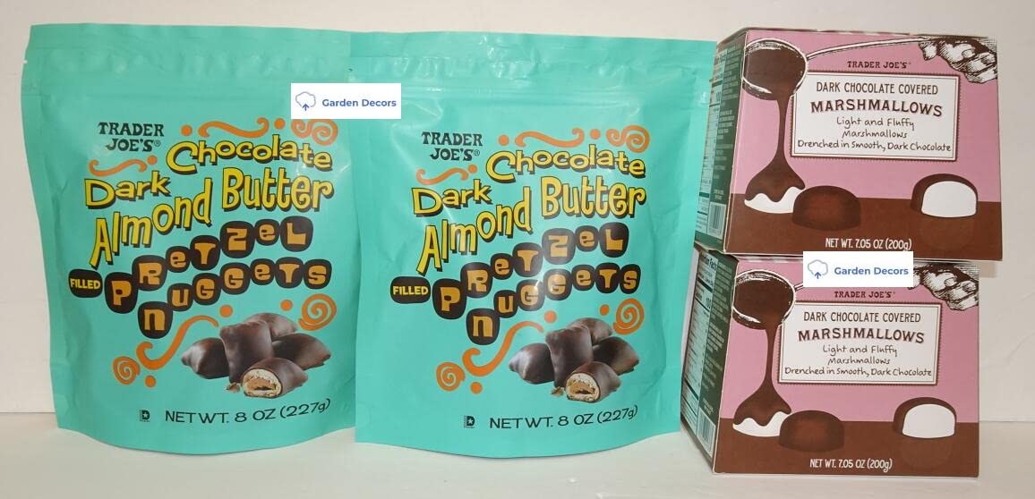 Trader Joes Dark Chocolate Almond Butter Filled Pretzel Nuggets & Dark Chocolate Covered Marshmallows (Four Items), 8 Ounces
