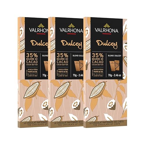 Valrhona Premium French Blonde Chocolate DULCEY 35% Cacao Tasting Bars - Creamy, Caramel Cookie Flavor Notes. Easy Melt and Tempering. Creamy