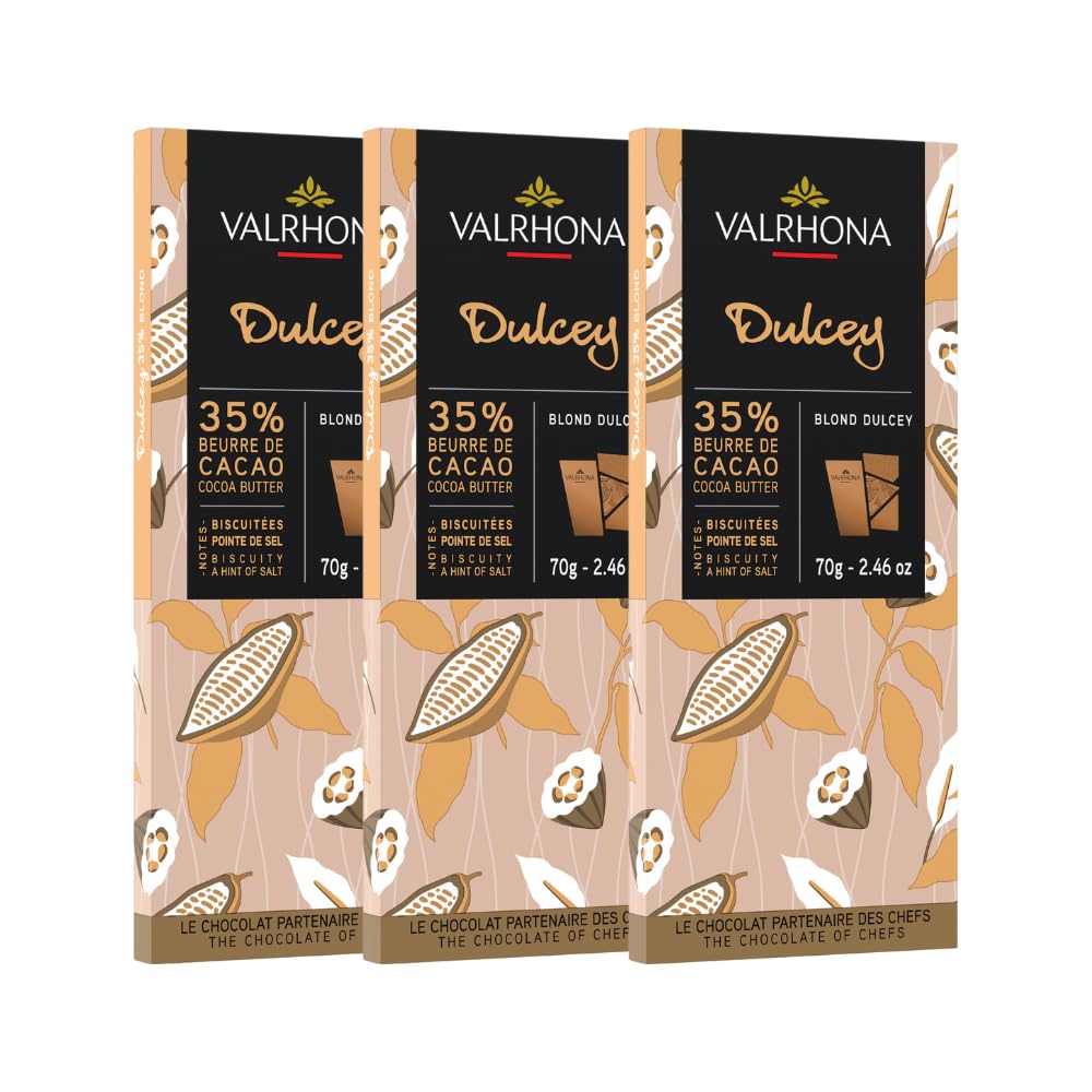 Valrhona Premium French Blonde Chocolate DULCEY 35% Cacao Tasting Bars - Creamy, Caramel Cookie Flavor Notes. Easy Melt and Tempering. Creamy