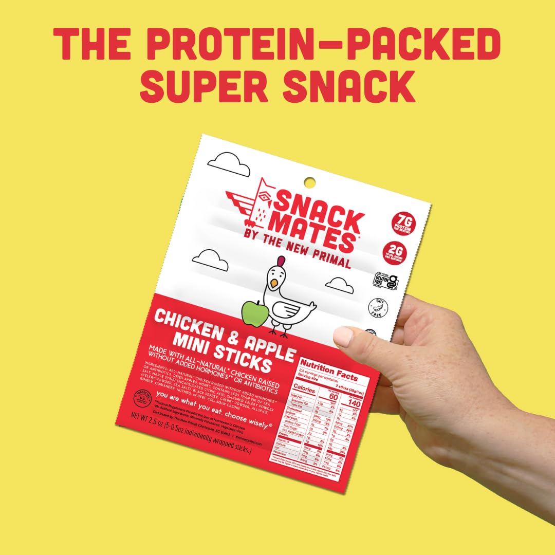 New Primal Snack Mates Chicken & Apple Sticks, Gluten Free Healthy Snacks for Kids, Low Sugar High Protein Back to School Snacks, Mini Paleo Jerky