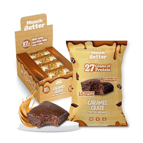 Munch Better Caramel Craze Protein Brownies - 27g Protein, Dairy-Free, Gluten-Free, Low Sugar, 15g Collagen, Clean Ingredients - 8 Count Box