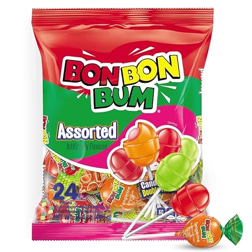 Bon Bon Bum - Fruity Lollipop with Bubble Gum center - Perfect for Parties and Sharing (24 Pieces, Assorted Flavors)