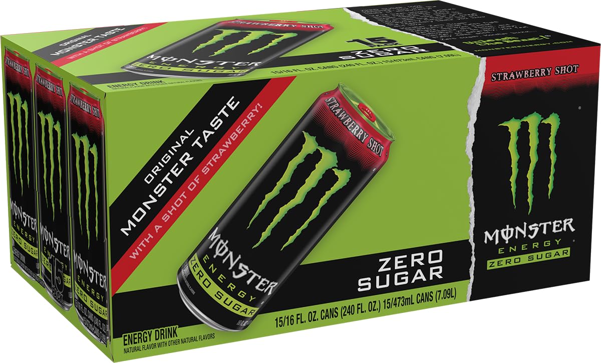 Monster Energy Zero Sugar Strawberry Shot, Green, Original, Free Energy Drink, 16 Ounce Can (Pack of 15)