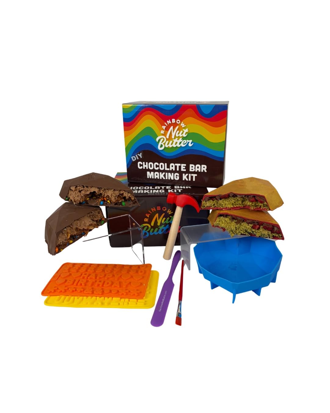 Rainbow Nut Butter Giant Breakable Heart DIY Dubai Chocolate Making Kit - Reusable Silicone Mold, Mini Hammer, Chocolate Wafers, Kanafeh, Pistachio