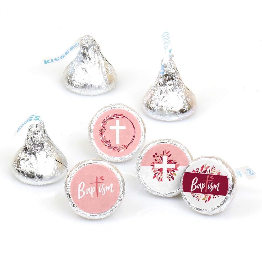 Big Dot of Happiness Baptism Pink Elegant Cross - Girl Religious Party Round Candy Sticker Favors - Labels Fit Chocolate Candy (1 Sheet of 108)