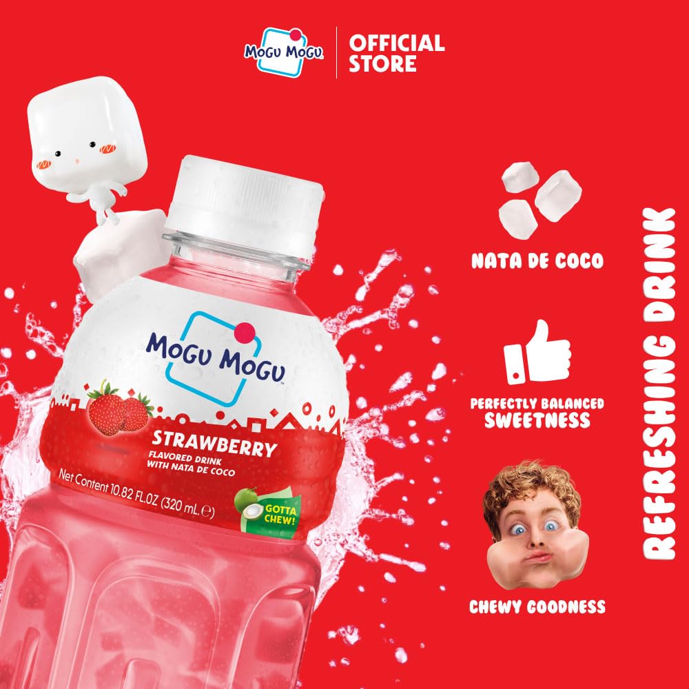 Mogu Mogu Strawberry Juice Drink with Nata de Coco (Coconut Jelly) - Chewy Fruit Beverage for Kids & Adults, 6 Pack Bottles, 10.82 fl oz Each